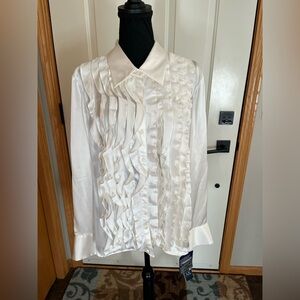 New women’s silk Anne Klein ivory long sleeve button ruffle blouse. Size 16W